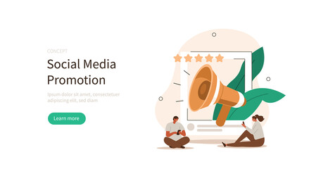 Poster - social media promotion. characters integrating with audience in social media platform. digital marke