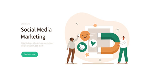 Poster - social media marketing. characters integrating with social media platform and using marketing strate