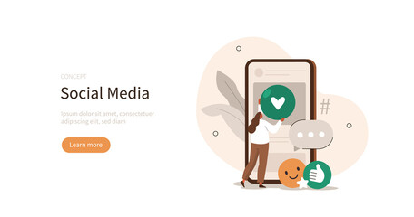 Poster - social media communication. characters integrating with social media platform and leaving reaction o