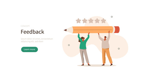 Wall Mural - customer feedback. characters holding pencil and asking for positive review. user experience concept