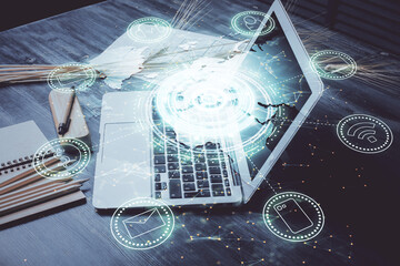 Poster - Computer on desktop with social network hologram. Double exposure. Concept of international people connections.