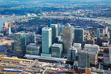 Aerial view of the Canary Wharf banking and finance district in East London