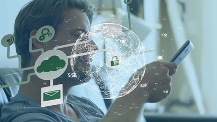Poster - Animation of network of connections and globe over caucasian men using smartphone