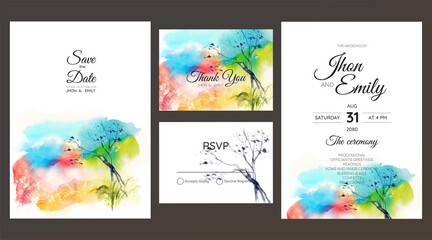 Wall Mural - wedding invitation with mountain view watercolor background	