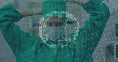 Wall Mural - Animation of brain rotating over caucasian female surgeon putting on face mask