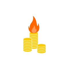 Sticker - Money and fire icon. Worthless money and inflation logo isolated on white background