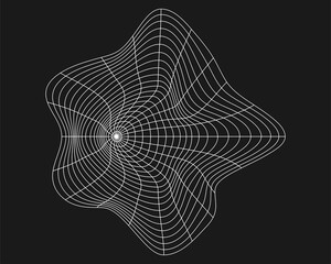 Poster - Cyber distorted grid, retro punk design element. Wireframe wave geometry grid on black background. Vector illustration