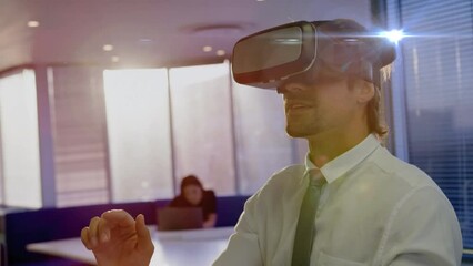 Poster - Animation of glowing lights over caucasian businessman wearing vr headset