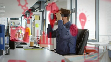 Poster - Animation of digital icons over caucasian businessman wearing vr headset