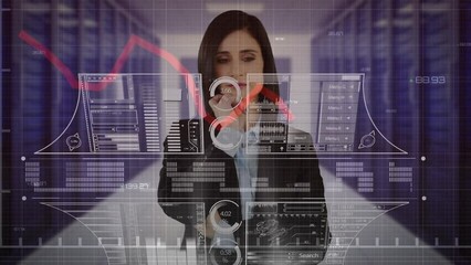 Wall Mural - Animation of data processing over caucasian businesswoman and computer servers