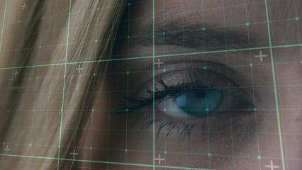 Poster - Animation of data processing over caucasian woman's blue eye and grid