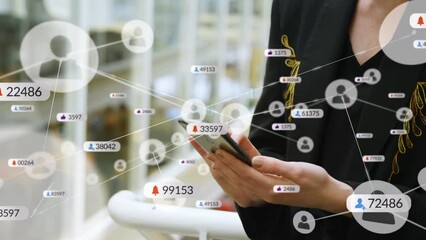 Poster - Animation of social media icons, numbers and connections over caucasian woman using smartphone