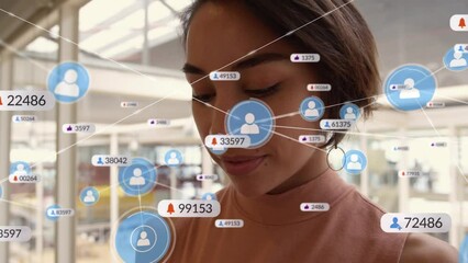 Poster - Animation of social media icons, numbers and connections over biracial woman using smartphone
