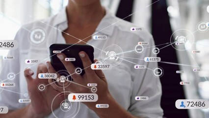 Poster - Animation of social media icons, numbers and connections over caucasian woman using smartphone