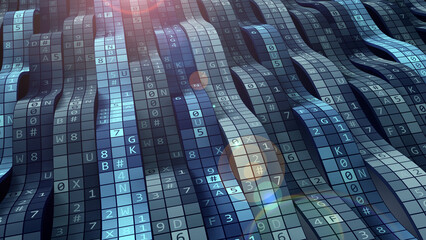 Leinwandbilder - Stream of encoded information. Secure cipher, computer code 3D illustration. Private data in global network