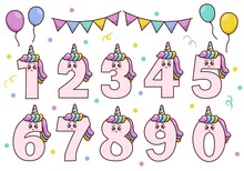 Cute Unicorn Collection With Numbering For Birthday Party, Kid Education, Ornament. Funny Font