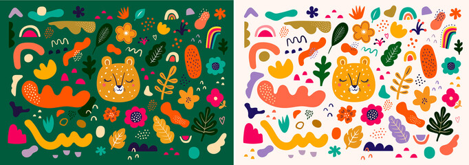 Wall Mural - Beautiful cute cards with baby leopard, flowers, abstract shapes and leaves.