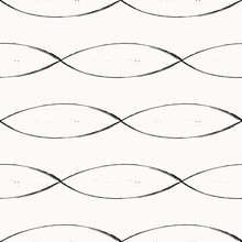Abstract Grunge Loops Seamless Vector Pattern. Fine Calligraphy Twisting Brushlines Background.Monochrome Inky Backdrop. Horizontal Overlapping Entwined Waves With Texture Design. Symmetrical Repeat.
