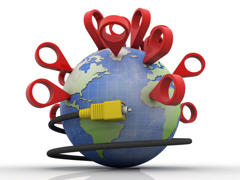 3d rendering red map pointer around globe connected aux cable