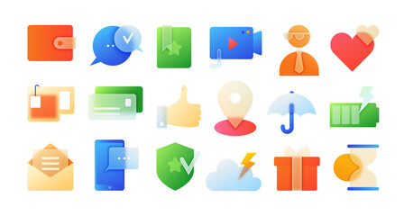 Aufkleber - Glass gradient icons. App morphism effect for website design, transparency blur elements. Colorful interface collection. Weather and chatting application objects. Vector isolated illustration