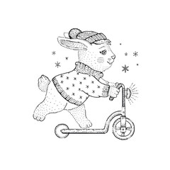 Winter christmas bunny coloring book. Rabbit with scooter vector. Cute cartoon illustration, snow animal for kid. Girl hare print. Winter baby fashion graphic design. Line Christmas bunny drawing