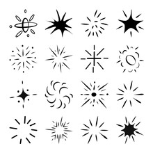 Collection Of New Year's Lights, Salute Elements And Various Decorative Signs. Black Fractal Signs For Design In Vector. Circular Decorative Flares And Lights On White Background.