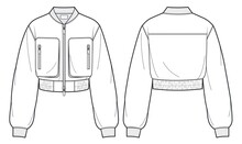 Unisex Zip-up Bomber Jacket Fashion Flat Technical Drawing Template. Oversize Sports Jacket, Sweatshirt Fashion CAD Mockup, Front, Back View, White, Patch Pockets.