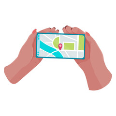 Wall Mural - Hands holding a phone or tablet. Phone with map and marker. Mobile gps navigation and path tracking concept. The woman is holding a phone in her hand. Vector illustration.