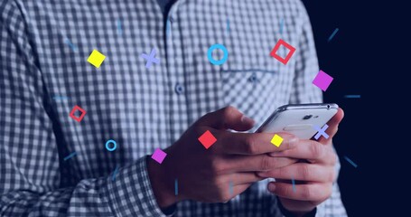 Poster - Abstract colorful shapes against mid section of man using a smartphone
