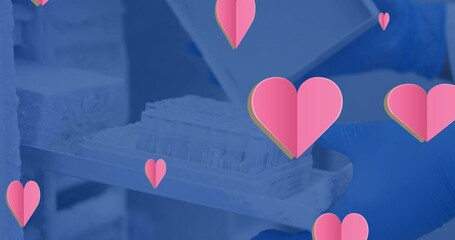 Poster - Animation of hearts falling over hands of lab worker with samples