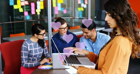 Poster - Animation of hearts floating over diverse businesspeople in office