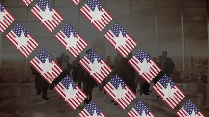 Poster - Animation of flags of usa over businesspeople silhouettes over cityscape