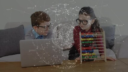 Poster - Animation of connections with globe over caucasian pupils with laptop learning at home