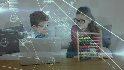 Poster - Animation of connections over caucasian pupils with laptop learning at home