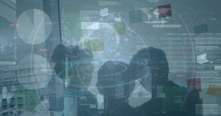 Poster - Animation of financial data and graphs over back view of kids looking outside window