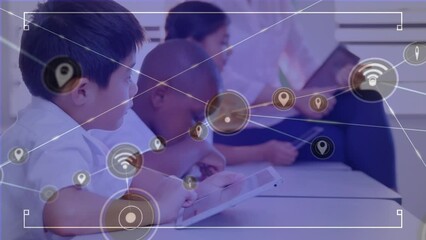 Wall Mural - Animation of network of connections over diverse group of students using technology