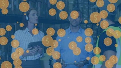Poster - Animation of failing dolar signs over diverse ware house workers