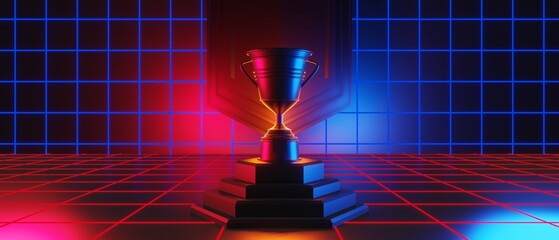 Wall Mural - champion cup award tournament, video game of scifi gaming red blue vs e-sports backgound, vr virtual reality simulation and metaverse, scene stand pedestal stage, 3d illustration rendering
