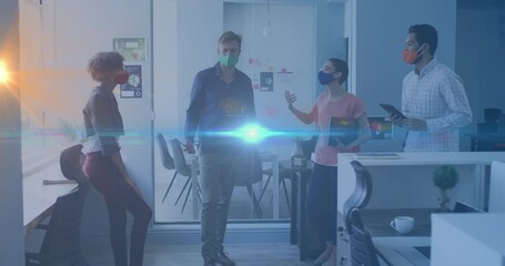 Poster - Animation of glowing lights over business people wearing face masks