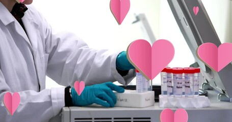 Poster - Animation of falling hearts over scientist in laboratory