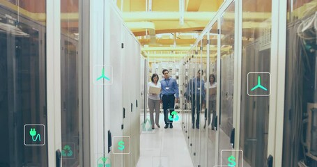 Poster - Animation of falling icons over server room