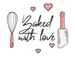 Wall Mural - Baked with love. Hand drawn isolated metal whisk. Kitchen tools. Vector engraved icon. For restaurant and cafe menu, baker shop, bread, pasty, sweets. 