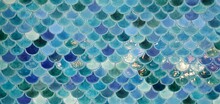 Beautiful Mosaic Tiles In A Marine Style. Tile With A Sea Pattern. Blue Tiles With A Geometric Pattern Of Scales. 