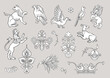 Byzantine traditional historical motifs of animals, birds, flowers and plants Clip art, set of elements for design Vector illustration.