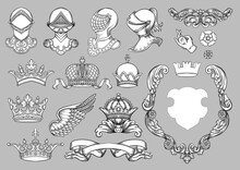 Set Of Crowns, Knight, Helmet, Shield, Coat Of Arms, Ribbon, Heraldry For Traditional Design Of Coats Of Arms And Shields. Clip Art, Set Off Elements For Design Vector Illustration.