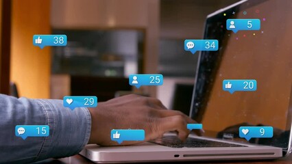 Poster - Animation of social media reactions over hands of biracial man using laptop