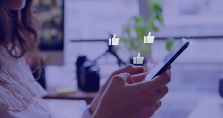 Poster - Animation of social media reactions over hands of caucasian woman using smartphone