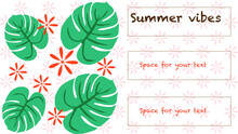 Monstera Leaves And Flowers Pattern With Frame. Summer Content. Free Copyspace.