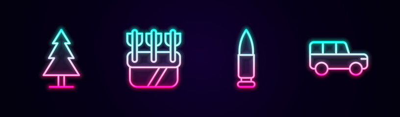 Poster - Set line Tree, Quiver with arrows, Bullet and Safari car. Glowing neon icon. Vector