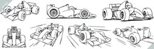Linear Isolated Formula One Set Illustration Ink Sketch. Race Car Background Speed Track Vector Art